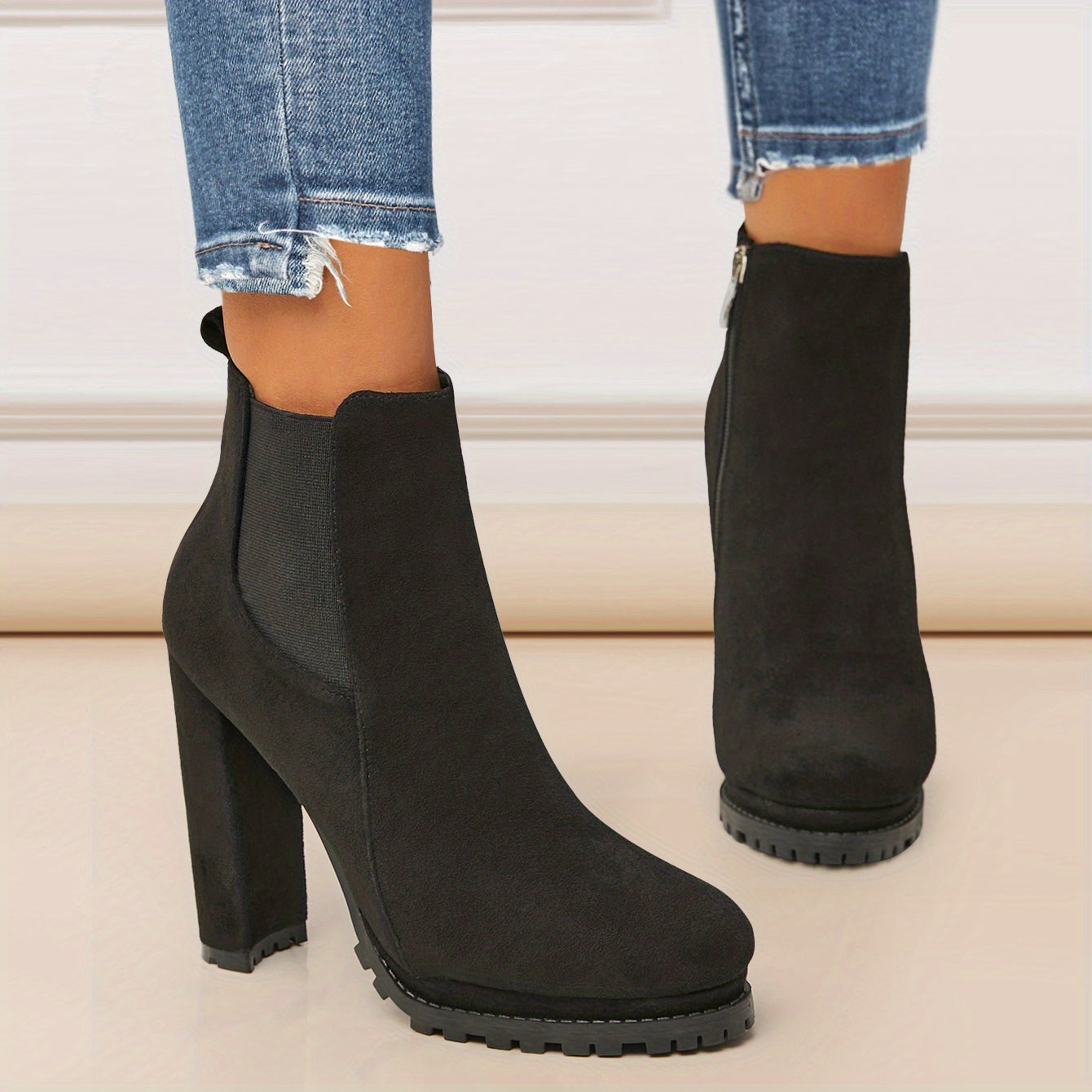 Stylish Pointed Toe Ankle Boots - Chunky Heeled, Platform, Side Zipper, Tound Toe, Comfortable Women's Footwear for Everyday Wear