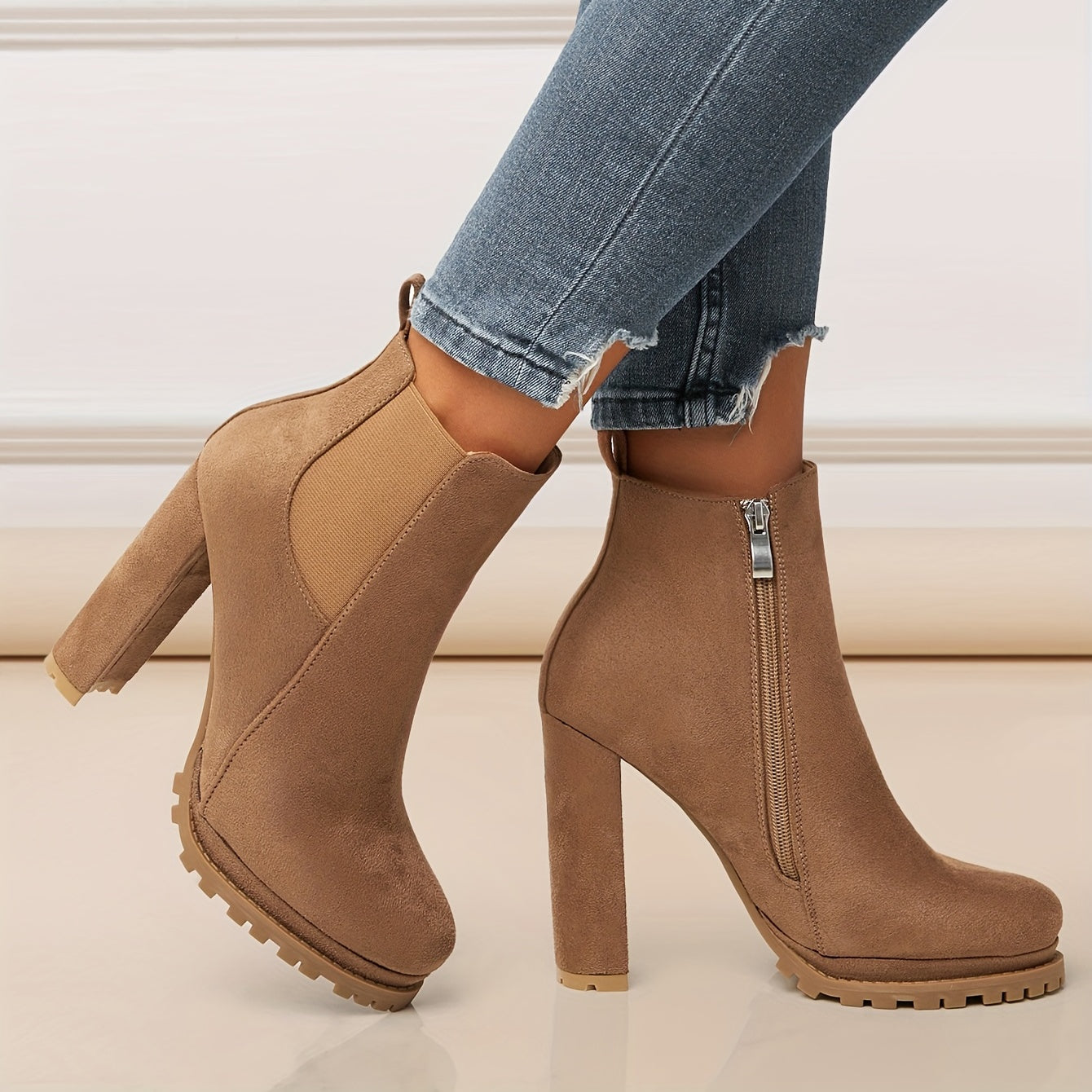 Stylish Pointed Toe Ankle Boots - Chunky Heeled, Platform, Side Zipper, Tound Toe, Comfortable Women's Footwear for Everyday Wear