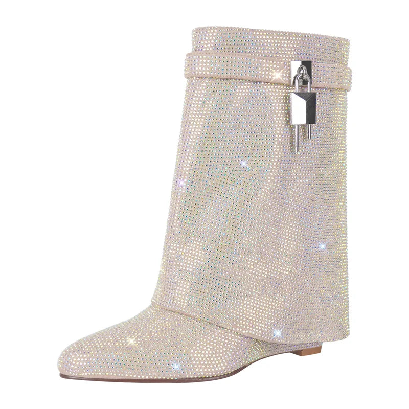 Onlymaker Women Rhinestone Fold Over Lock Shark Skirt Boots Pointed Toe Heel Thick High Heel Female Booties