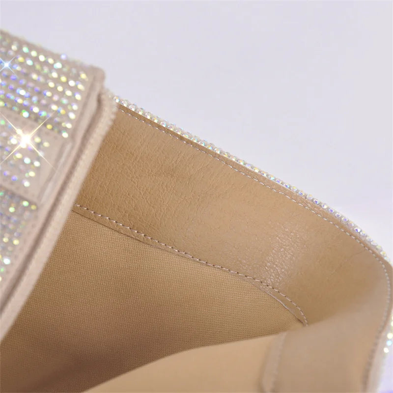 Onlymaker Women Rhinestone Fold Over Lock Shark Skirt Boots Pointed Toe Heel Thick High Heel Female Booties