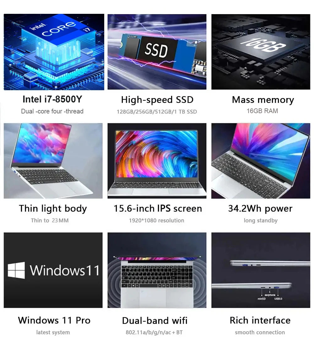 2025 New 15.6 inch Laptops Notebook Windows 11 Pro 1920*1080P Notebook Intel Core i7 8500Y 16GB RAM 1TB SSD Office Study Laptops