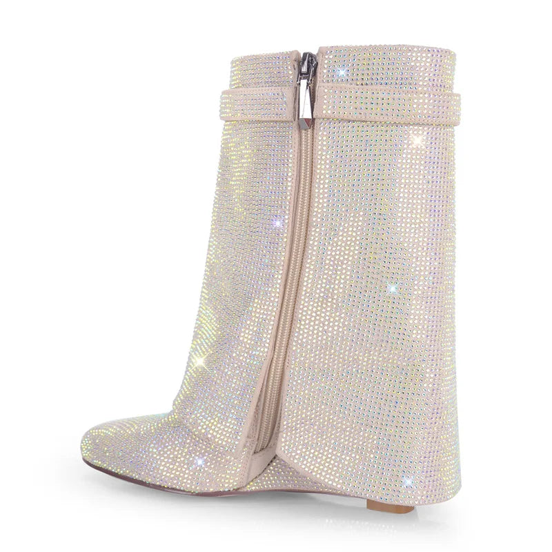 Onlymaker Women Rhinestone Fold Over Lock Shark Skirt Boots Pointed Toe Heel Thick High Heel Female Booties