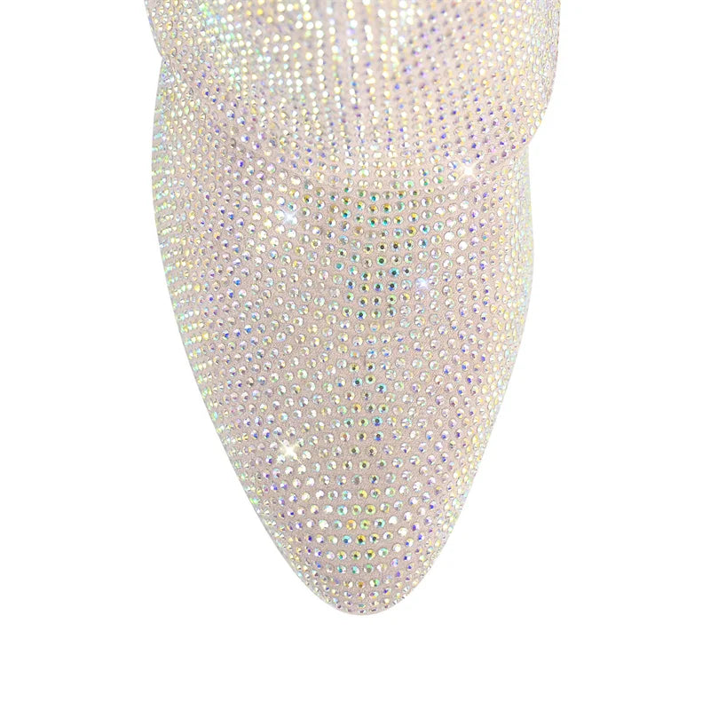 Onlymaker Women Rhinestone Fold Over Lock Shark Skirt Boots Pointed Toe Heel Thick High Heel Female Booties