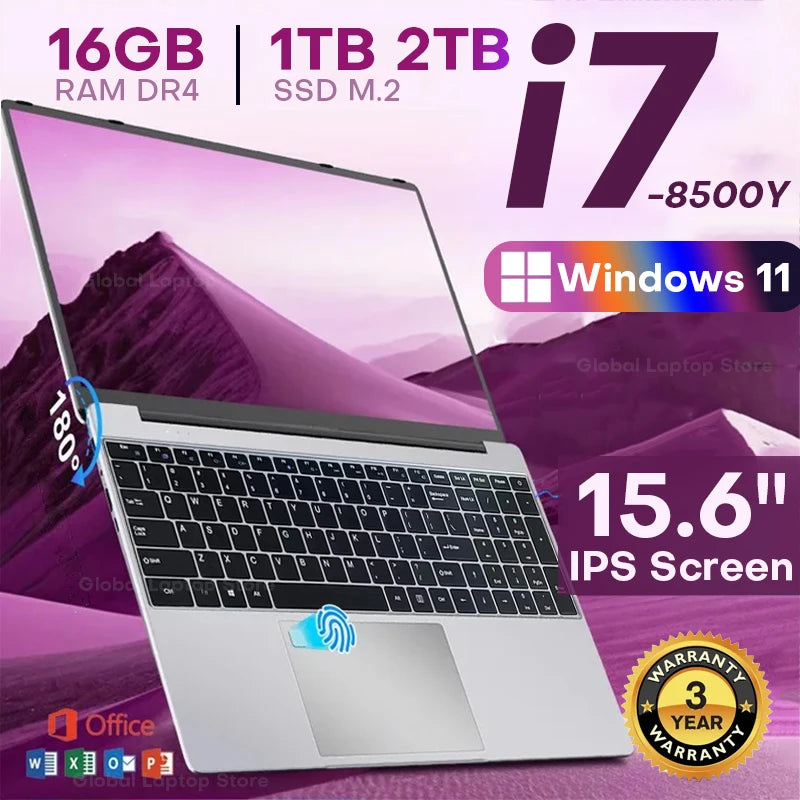 2025 New 15.6 inch Laptops Notebook Windows 11 Pro 1920*1080P Notebook Intel Core i7 8500Y 16GB RAM 1TB SSD Office Study Laptops