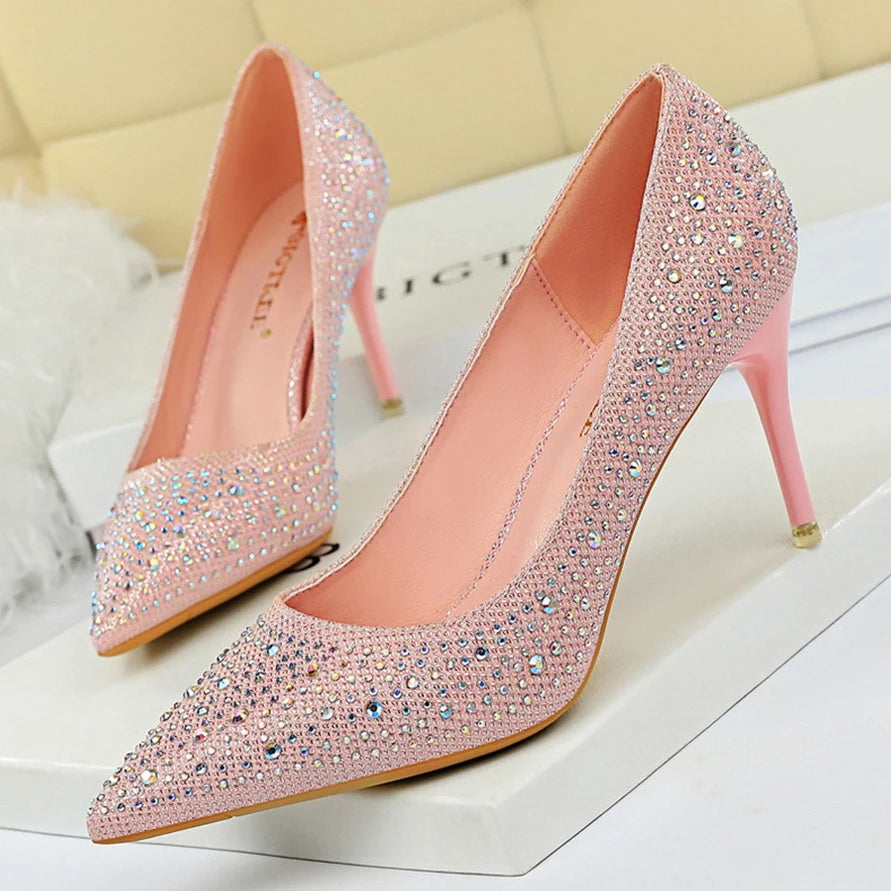 Fashion Rhinestone Shallow Women Pumps 2025 Autumn Black Pink Crystal Wedding Pointed Toe High Heels 7CM Shoes Party Ladies Sexy