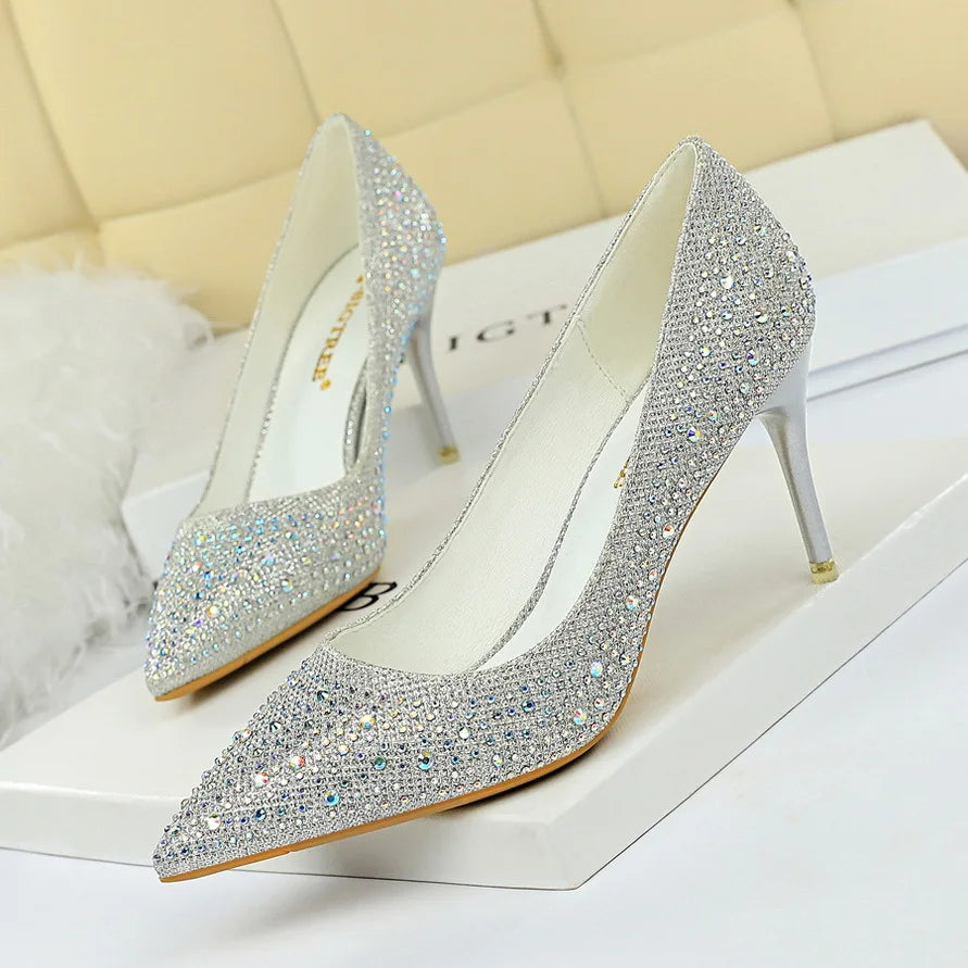 Fashion Rhinestone Shallow Women Pumps 2025 Autumn Black Pink Crystal Wedding Pointed Toe High Heels 7CM Shoes Party Ladies Sexy