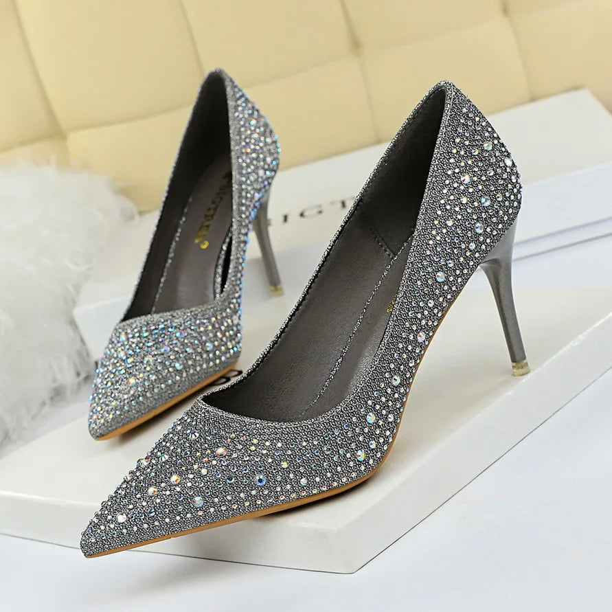 Fashion Rhinestone Shallow Women Pumps 2025 Autumn Black Pink Crystal Wedding Pointed Toe High Heels 7CM Shoes Party Ladies Sexy
