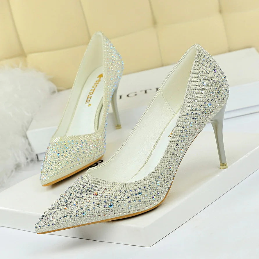 Fashion Rhinestone Shallow Women Pumps 2025 Autumn Black Pink Crystal Wedding Pointed Toe High Heels 7CM Shoes Party Ladies Sexy