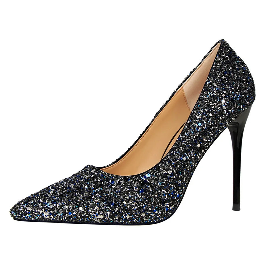 9219-1 European and American Women's Shoes With High Heels Shallow Tops Pointed Toes Sexy Sequins and Slim Nightclub High Heels