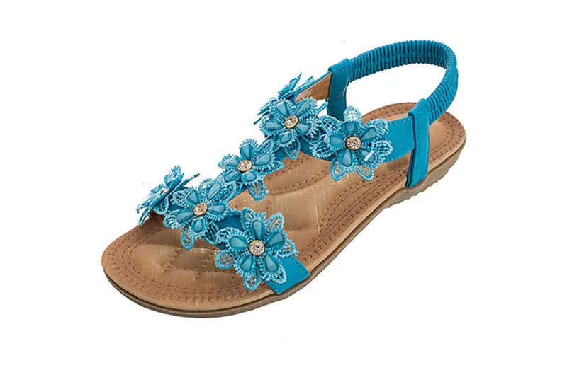 BEYARNEComfortable flat sandals women big size summer shoes woman bohemia flowers rhinestone beach ladies shoes thongs