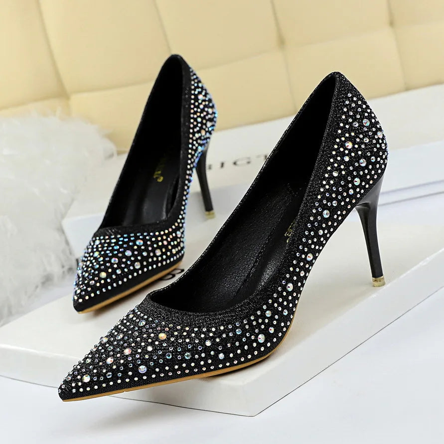 Fashion Rhinestone Shallow Women Pumps 2025 Autumn Black Pink Crystal Wedding Pointed Toe High Heels 7CM Shoes Party Ladies Sexy