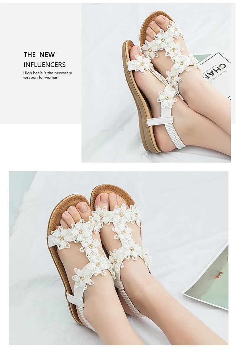 BEYARNEComfortable flat sandals women big size summer shoes woman bohemia flowers rhinestone beach ladies shoes thongs