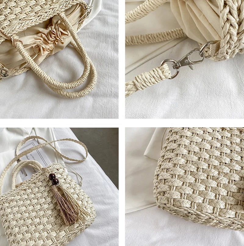 Women Handbags Straw Rattan Woven Crossbody Bag Summer Bohemia Beach Tassel Design Basket Bag Fashion Shoulder Messenger Bag