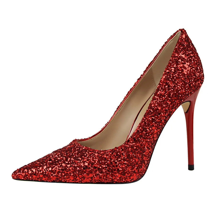 9219-1 European and American Women's Shoes With High Heels Shallow Tops Pointed Toes Sexy Sequins and Slim Nightclub High Heels