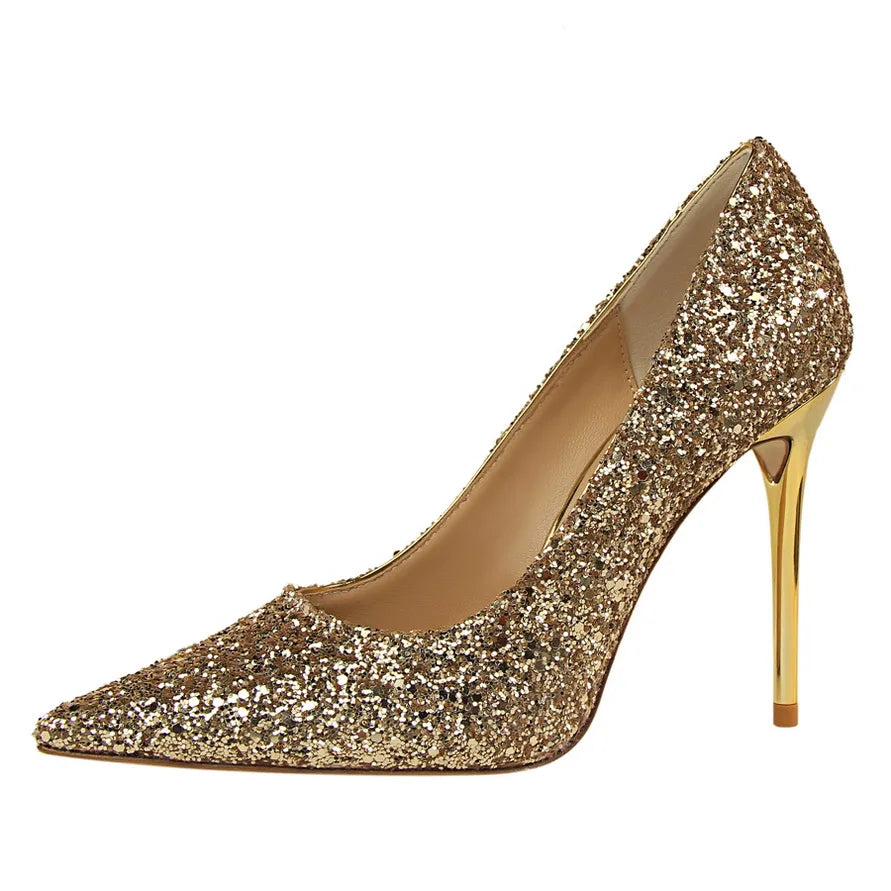 9219-1 European and American Women's Shoes With High Heels Shallow Tops Pointed Toes Sexy Sequins and Slim Nightclub High Heels
