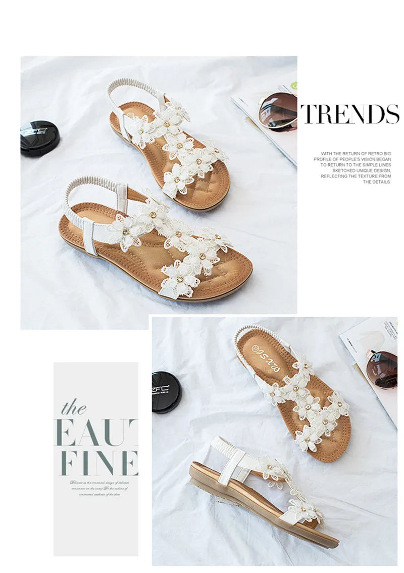 BEYARNEComfortable flat sandals women big size summer shoes woman bohemia flowers rhinestone beach ladies shoes thongs