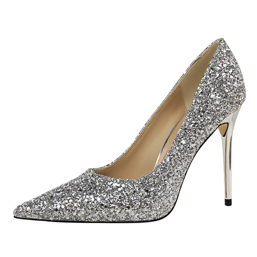 9219-1 European and American Women's Shoes With High Heels Shallow Tops Pointed Toes Sexy Sequins and Slim Nightclub High Heels