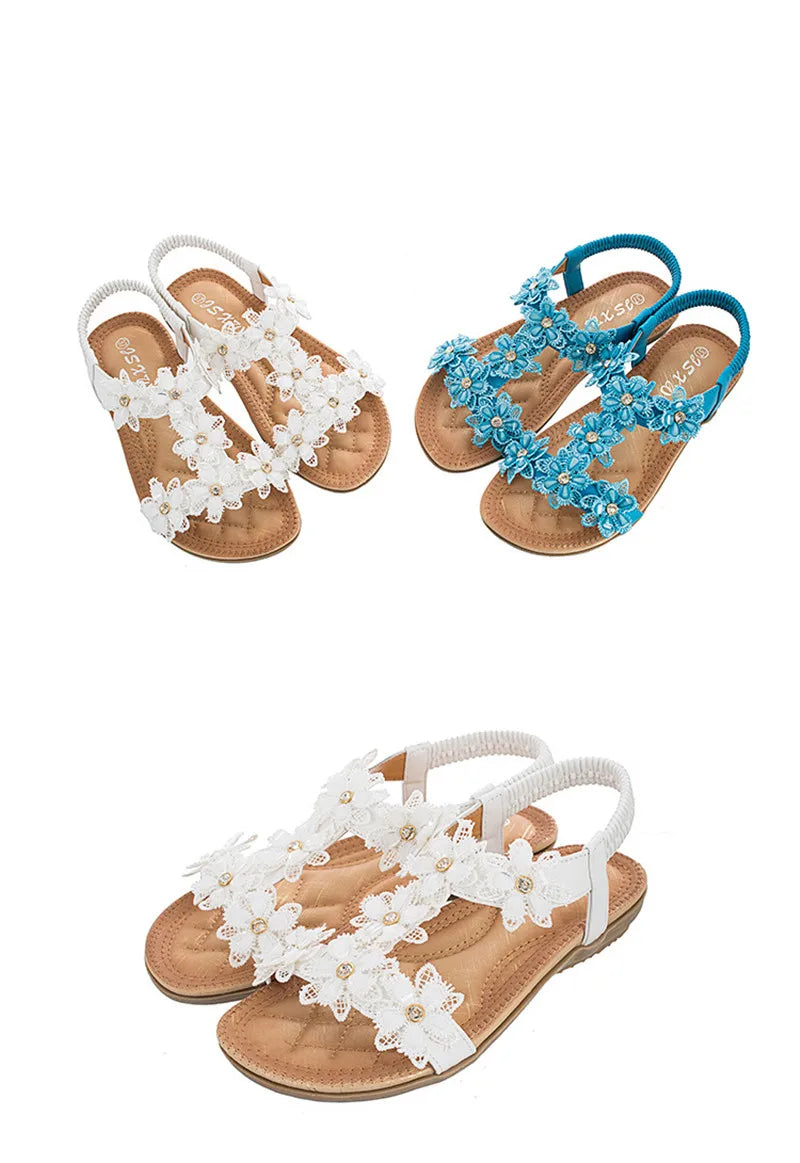 BEYARNEComfortable flat sandals women big size summer shoes woman bohemia flowers rhinestone beach ladies shoes thongs