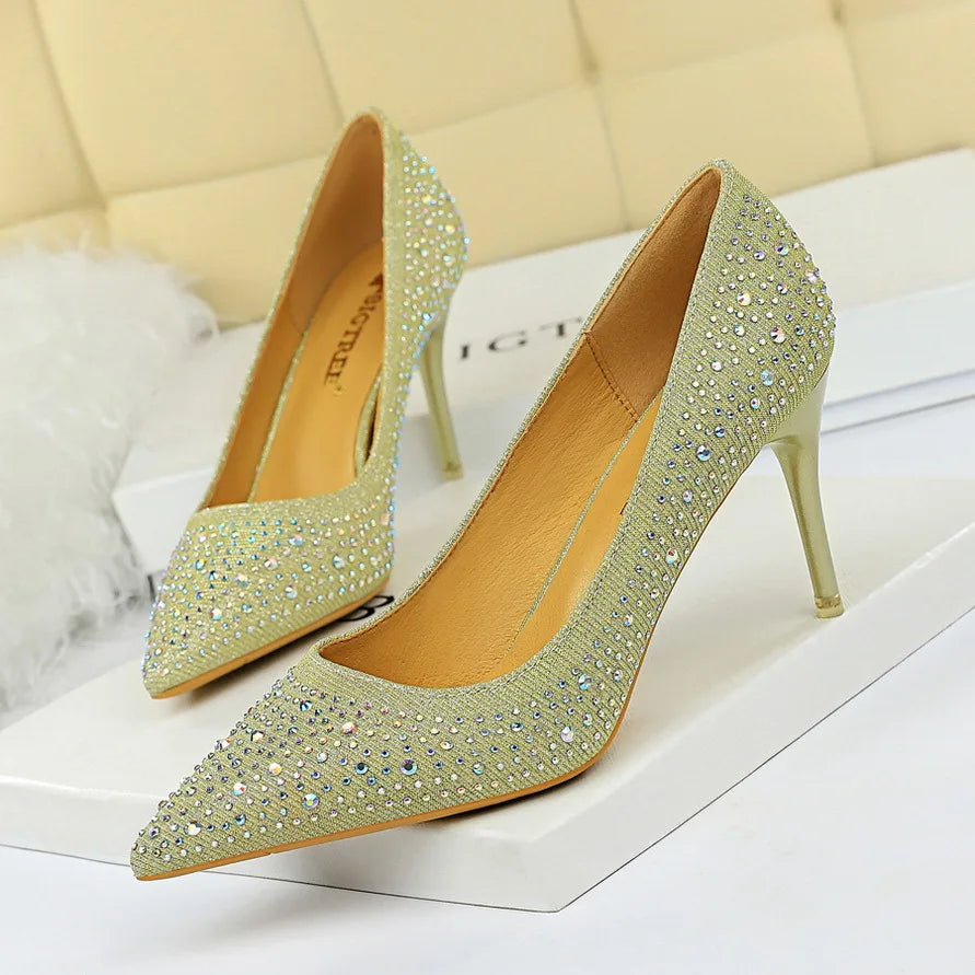 Fashion Rhinestone Shallow Women Pumps 2025 Autumn Black Pink Crystal Wedding Pointed Toe High Heels 7CM Shoes Party Ladies Sexy