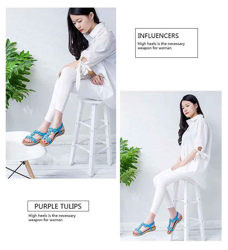 BEYARNEComfortable flat sandals women big size summer shoes woman bohemia flowers rhinestone beach ladies shoes thongs