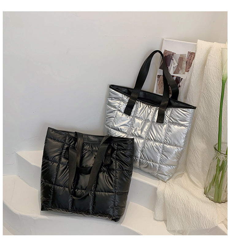 Waterproof Tote Bag for Women Puffer Cotton Padded Shoulder Bag Large Capacity Ladies Handbags Quilted Work Commute Shopping Bag