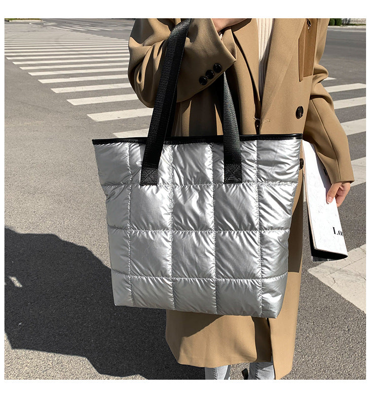 Waterproof Tote Bag for Women Puffer Cotton Padded Shoulder Bag Large Capacity Ladies Handbags Quilted Work Commute Shopping Bag