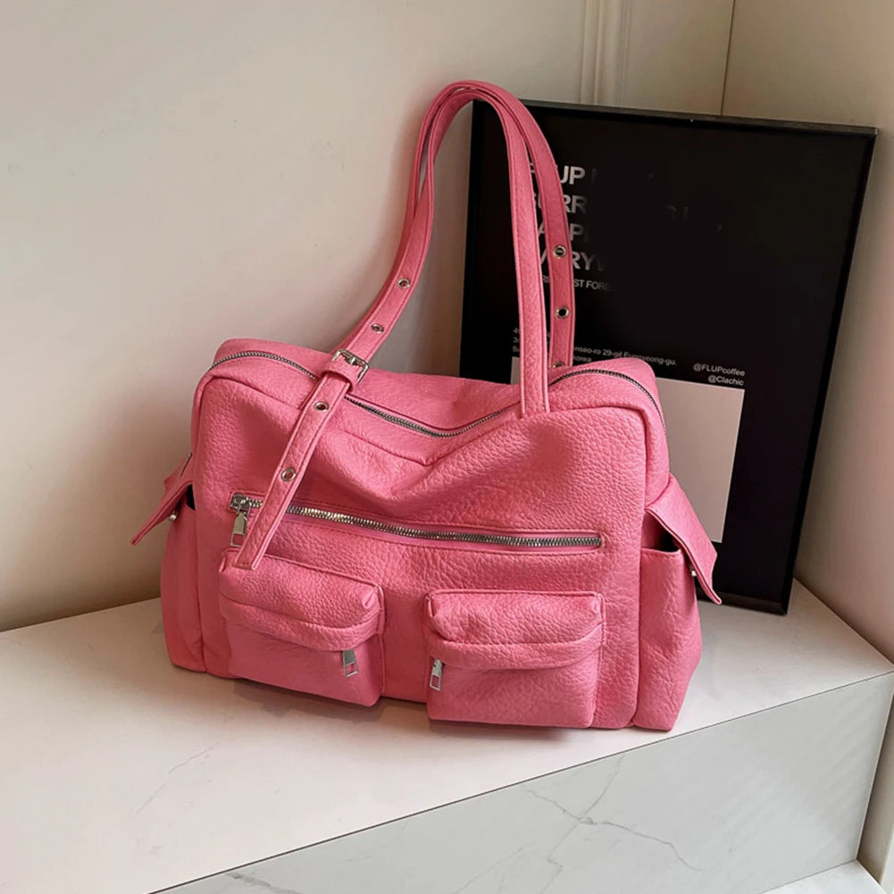 2024 Women PU Leather Shoulder Bag Multi-Pockets Underarm Bag Solid Versatile Commuting Handbag Adjustable Strap Armpit Tote Bag