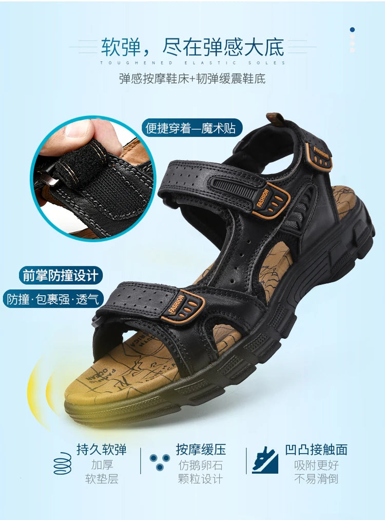 2024 New Genuine Leather Men's Sandals Summer Outdoor Non-slip Hiking Trekking Shoes for Men Beach Slippers Casual Sneakers