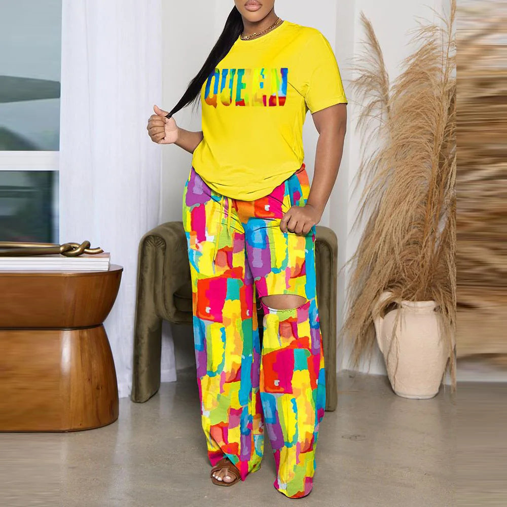 Spring And Summer New Casual Printing Short Sleeve Wide Leg Pants Set Fashion Pants Loose T-shirt Set Women's Clothing