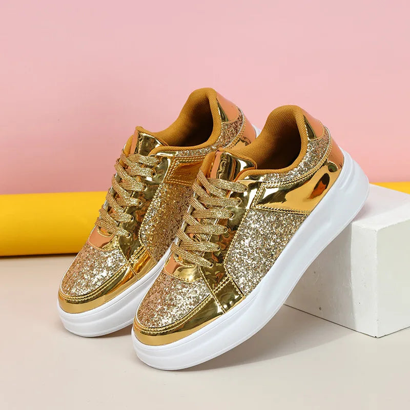Women Shoes Spring 2024 New Fashion Vulcanized Sneakers for Women Casual Shoes Outdoor Walking Footwear Size 36-45 Gold Silver