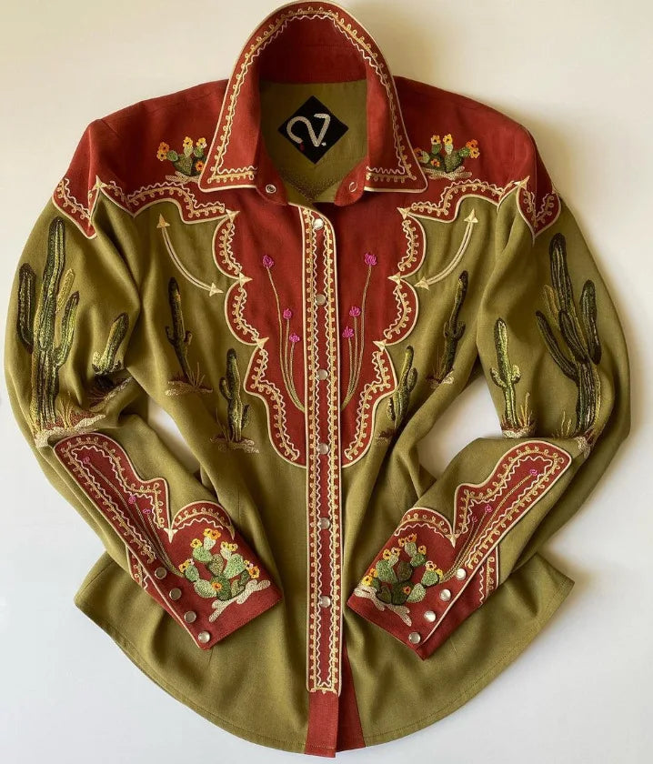 Women Vintage Print Long Sleeve Button Down Slim Shirt 2024 Spring Lady Retro Blouse Tops