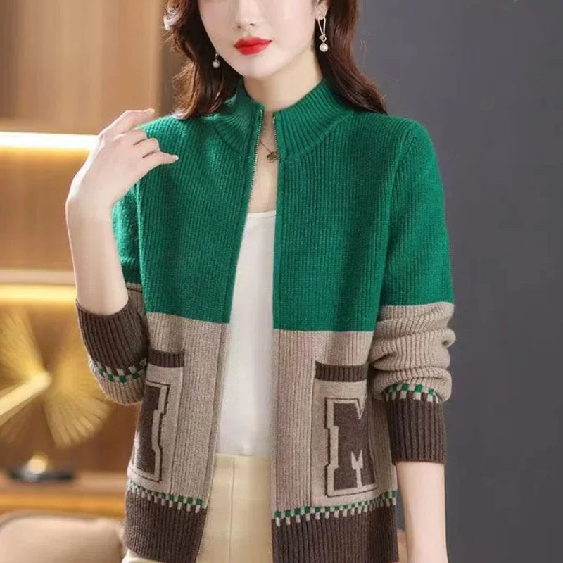 Sping Autumn New Women Sweaters Coats Stand Collar Zipper Contrast Color Pocket Fashion All-match Long Sleeve Cardigan Knit Tops