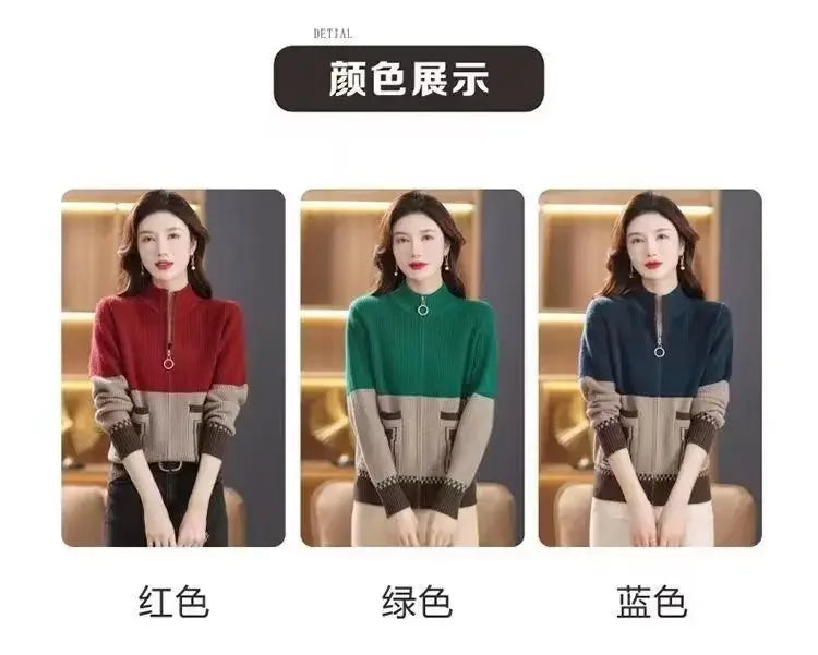 Sping Autumn New Women Sweaters Coats Stand Collar Zipper Contrast Color Pocket Fashion All-match Long Sleeve Cardigan Knit Tops