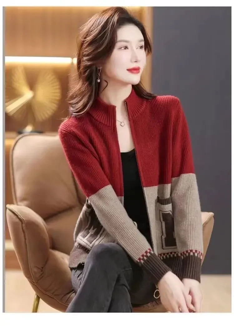Sping Autumn New Women Sweaters Coats Stand Collar Zipper Contrast Color Pocket Fashion All-match Long Sleeve Cardigan Knit Tops
