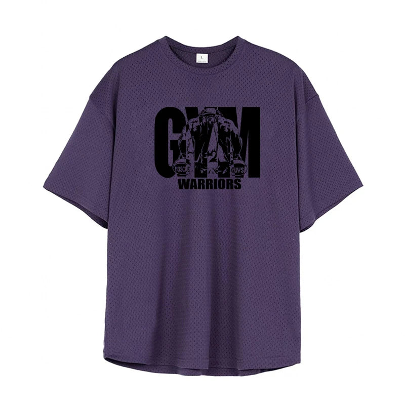 超大寬鬆男士休閒運動T卹健身房健美健身短袖襯衫夏季網眼速乾透氣服裝