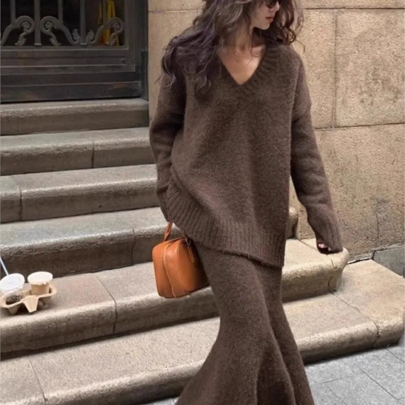 Elegant Solid Sweater Skirts Suits for Women Autumn Winter Fashion V-Neck Pullover Knitted Top Loose Skirt Casual Two Pieces Set