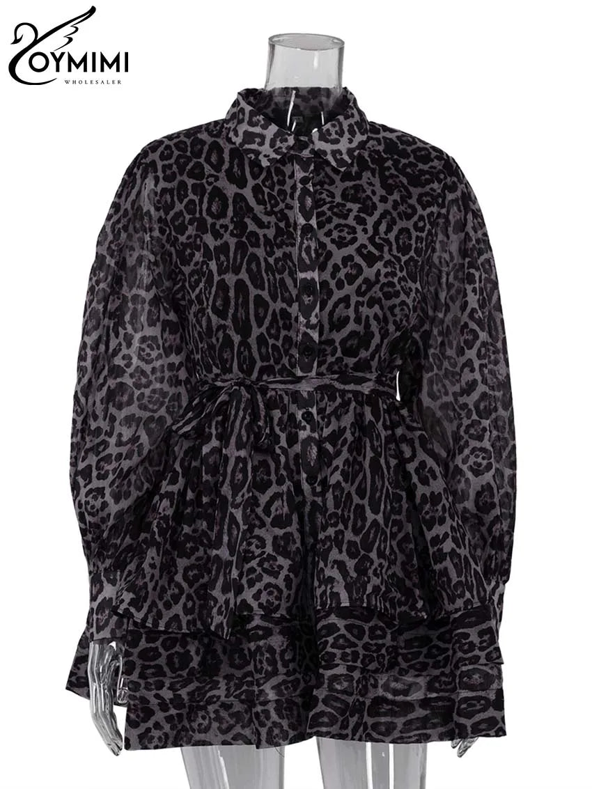 Oymimi Fashion Brown Leopard Print Women's Dress Elegant Long Sleeve Buton Lace-Up Dresses Casual Cascading Ruffle Mini Dresses