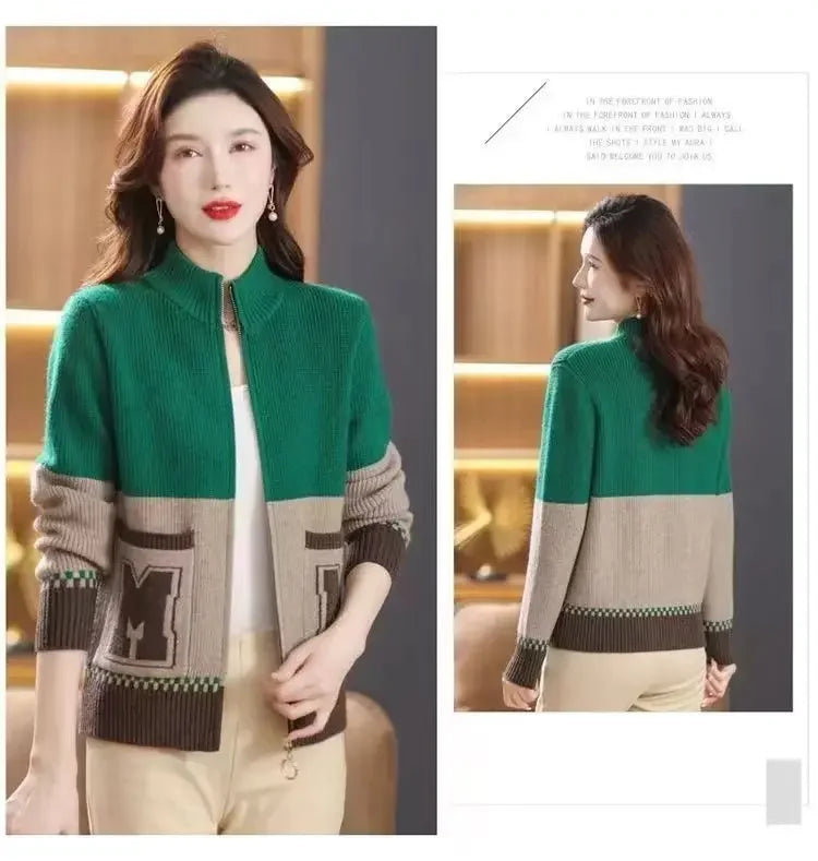 Sping Autumn New Women Sweaters Coats Stand Collar Zipper Contrast Color Pocket Fashion All-match Long Sleeve Cardigan Knit Tops