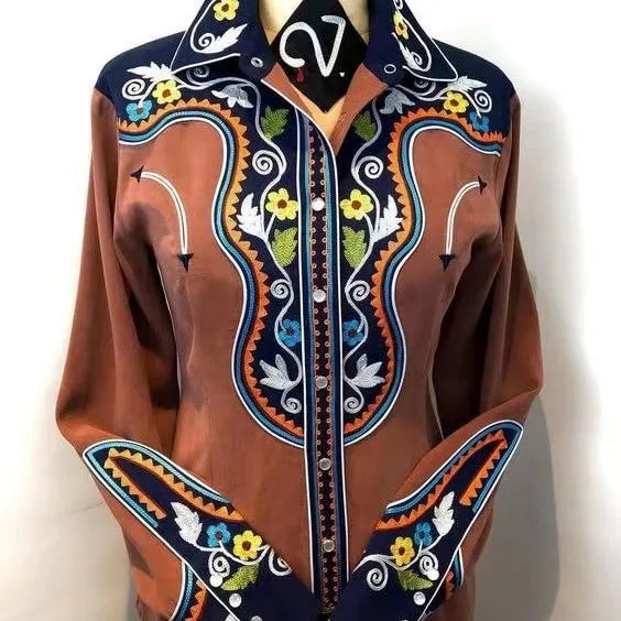 Women Vintage Print Long Sleeve Button Down Slim Shirt 2024 Spring Lady Retro Blouse Tops