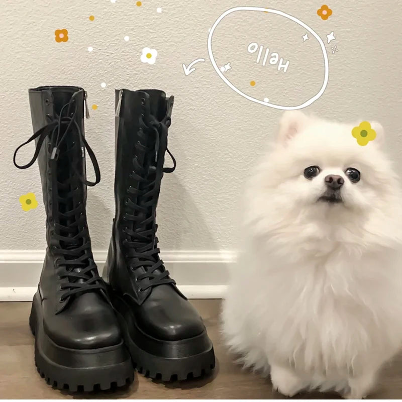Chunky Women Motorcycle High Boots Fashion Lace Up Long Boots Platform Flats Autumn Winter Ladies Shoes