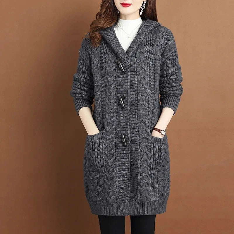2024 Autumn Winter Thicken Sweaters5XL Large Size New Fashion Hooded Knitted Outerwear Women's Cardigan Sweater Knitting Jacket