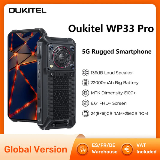 Oukitel WP33 Pro 5G Rugged Smartphone 6.6" FHD+ Cell Phone 24GB 256GB Mobile Phone 64MP Camera 22000mAh 33W Cellphon