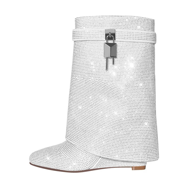 Onlymaker Women Rhinestone Fold Over Lock Shark Skirt Boots Pointed Toe Heel Thick High Heel Female Booties