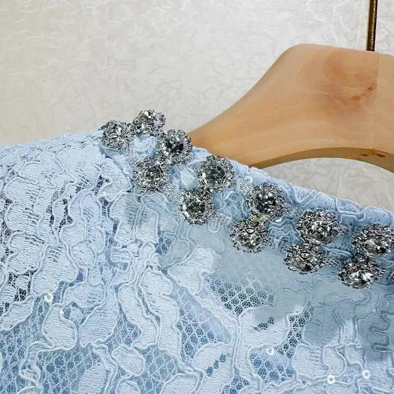 Luxury Lace Long Dress 2 Piece Sets Women 2025 Summer Holiday Hollow Out Embroidery Crystal Beaded Jackets Tops Maxi Skirt Suits