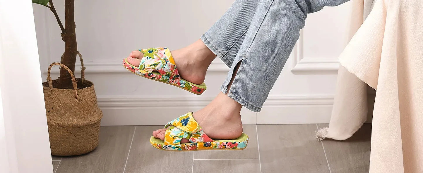 Litfun Women Orthopedic Home Slippers Fashion Open Toes Cozy Fur Flip-flops Indoor Flat Slides With Arch Support Cotton Slippers