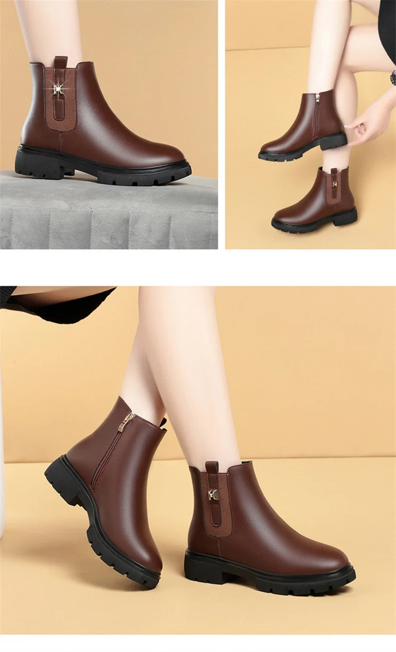 2024 British Style Women Chelsea Boots Square Heel Platform Comfortable Anti-slip Zip Ankle Boots Soft Leather Casual Boots