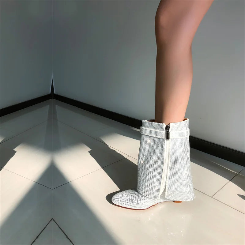 Onlymaker Women Rhinestone Fold Over Lock Shark Skirt Boots Pointed Toe Heel Thick High Heel Female Booties