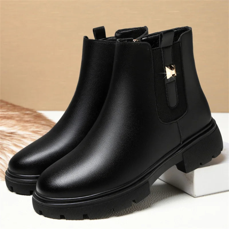 2024 British Style Women Chelsea Boots Square Heel Platform Comfortable Anti-slip Zip Ankle Boots Soft Leather Casual Boots
