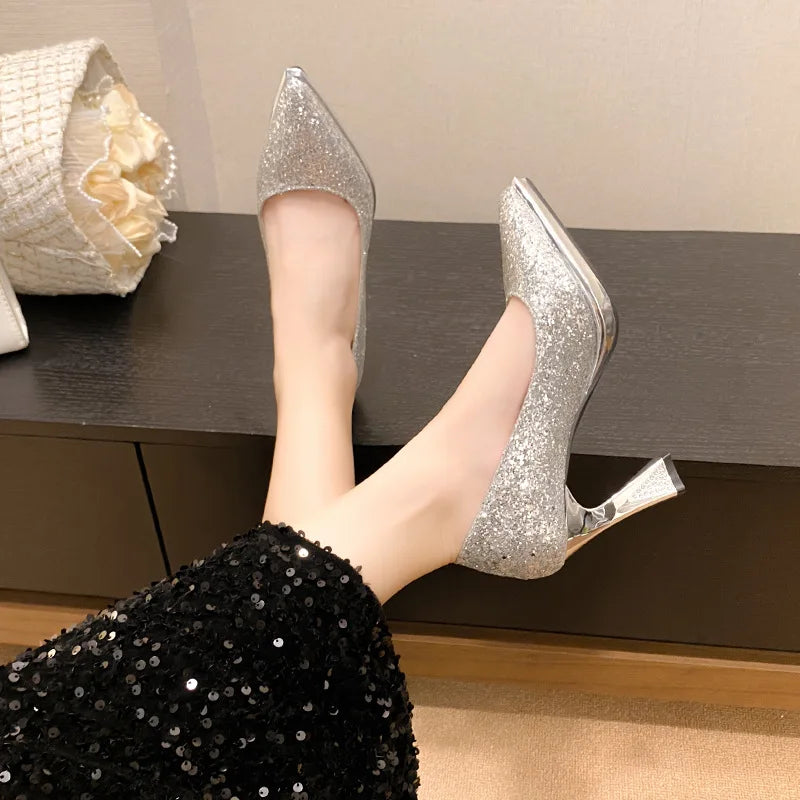 Fashion Sequined Women Pumps 2024New Women's Shoes Pointed Toe Shallow Mouth Shoes Female Comfort Women High Heels spring autumn
