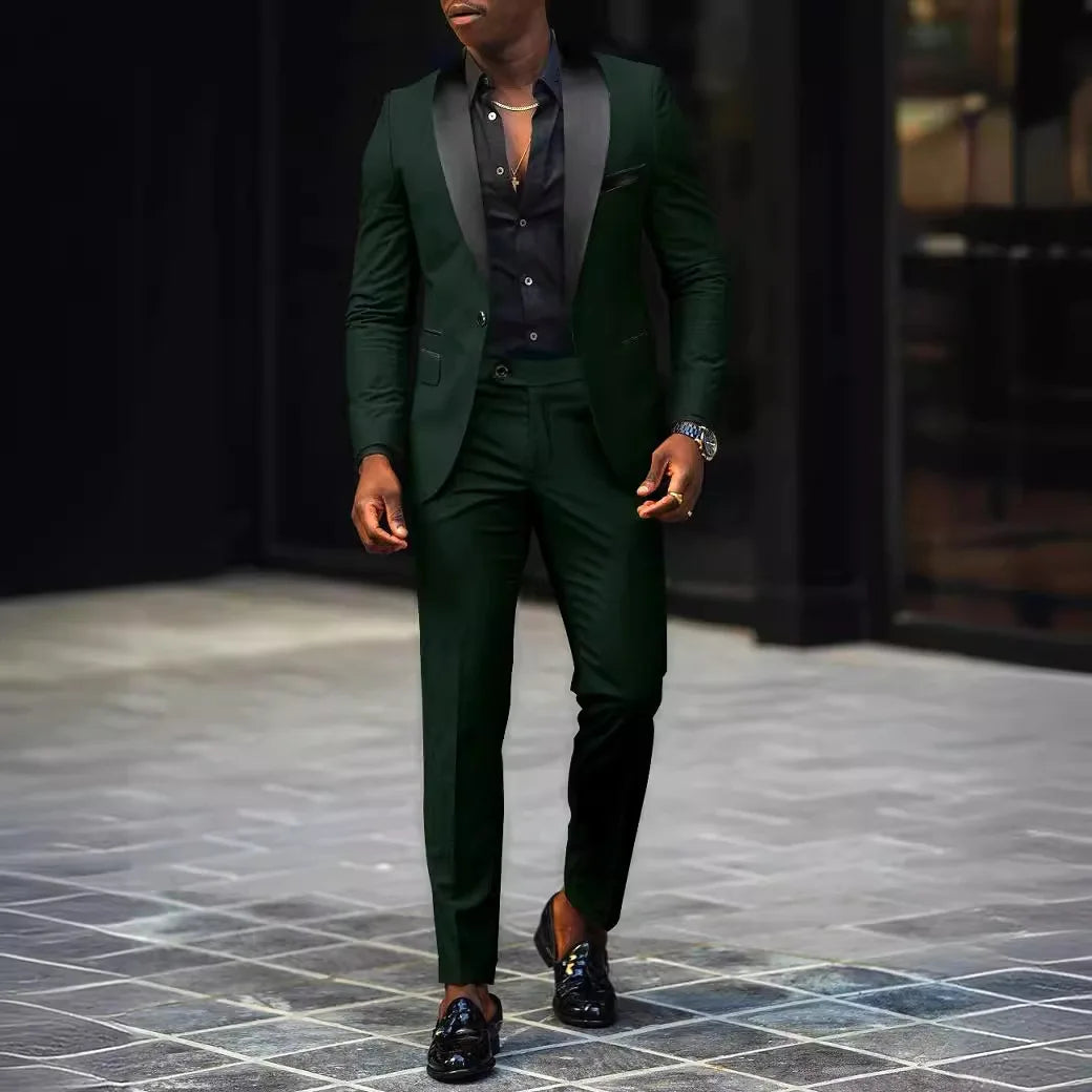 男士新款時尚商務休閒兩件式舒適透氣修身側開叉單扣西裝外套+褲子